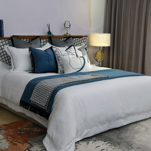 蓝色样板间床品11件套装版亚麻软装设计家居展厅专用软装床品