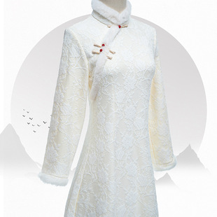 白色旗袍年轻款少女加厚蕾丝长袖改良版连衣裙秋2022年冬