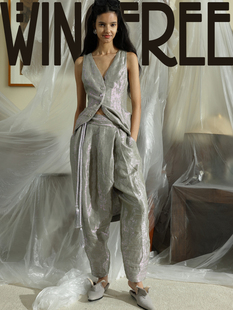 随意门WINGFREE 原创设计轻盈感松身低腰亚麻锥形休闲长裤女 两色