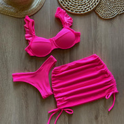 螺纹三件套比基尼钢托聚拢小胸分体泳衣，半裙粉色甜美荷叶边bikini