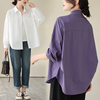 韩版通勤茧型褶皱下摆纯色，长袖紫色衬衫上衣设计感方领开衫长袖子