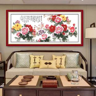 新中式牡丹花开富贵客厅，沙发背景墙贴画3d立体自粘贴纸画床头壁纸