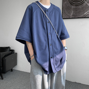 藏青色汉服道袍衬衫男短袖，夏季大码七分袖衬衣，外套新中式无领唐装