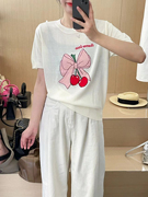 甜美蝴蝶结樱桃短袖女夏季天丝薄款宽松百搭显瘦圆领半截T恤上衣