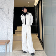 秋冬韩版设计感撞色拼皮短款夹克外套男套装高级时尚阔腿裤两件套