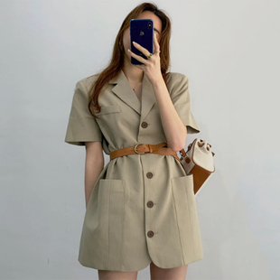 韩国chic气质翻领单排扣直筒显瘦口袋小个子西装式连衣裙配腰带女