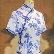 吾伴你2024年改良版青花瓷旗袍日常复古中国风长款短袖连衣裙