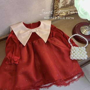女童冬装连衣裙加绒加厚2023儿童新年红裙，公主裙宝宝洋气裙子
