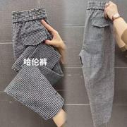 百搭休闲裤女2025年春秋新款高腰弹力裤千鸟格哈伦裤九分小脚裤