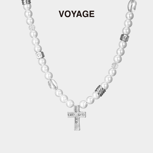 voyage巴洛克珍珠项链十字架，吊坠男款男士潮牌轻奢小众锁骨链配饰