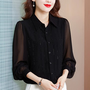 长袖雪纺衫女2024年春季韩版洋气，打底衫时尚镶钻遮肚翻领衬衫
