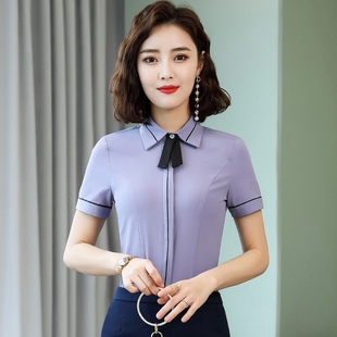 蓝色衬衫短袖职业套装夏季时尚气质白领珠宝销售工作服上衣女韩版