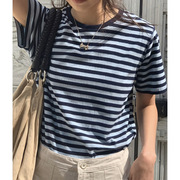 复古海军蓝条纹t恤女24ss夏韩系反缝设计宽松圆领短袖