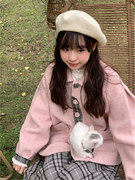 甜美风学生秋冬灰粉色羊毛，呢子短外套，格纹半身裙套装两件套女