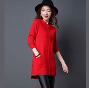 大红色毛衣女(毛衣女)套头，宽松中长款韩版冬季本命年红色针织衫女秋冬打底