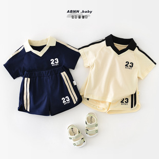 夏款宝宝运动风棉质薄款足球，服套装儿童夏季洋气，学院风t恤两件套