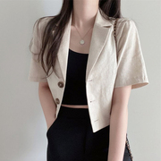 韩版休闲短袖亚麻小西装，女夏季薄款宽松短款气质外套小个子上衣