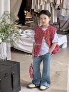 韩国童装24春夏女童气质小香风，马甲+儿童，牛仔直筒裤+卡通短袖t恤