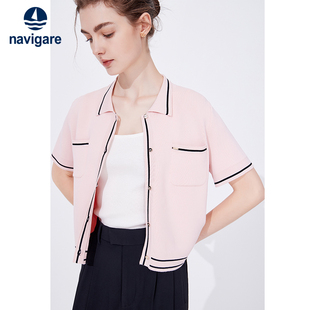 Navigare意大利小帆船粉色宽松短袖针织开衫女夏季小香风短款外套