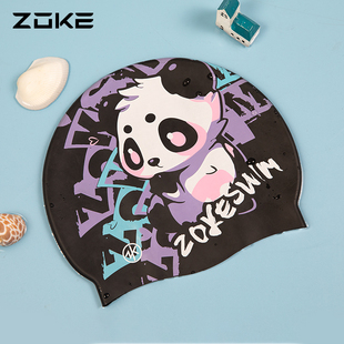 洲克男女通用泳帽熊猫卡通舒适长发防水护耳游泳硅胶泳帽ZOKE