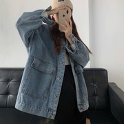 复古大口袋牛仔外套女春秋，韩版bf风宽松中长百搭学生夹克港味上衣
