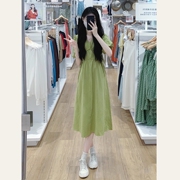 牛油果绿色连衣裙女夏季韩版法式泡泡袖小清新领收腰显瘦字长裙
