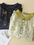 清新绿色碎花苎麻衬衫女高品，质细支麻料上衣，夏文艺(夏文艺)休闲单排扣衬衣