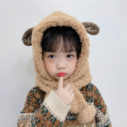 韩版秋冬款儿童护耳帽子保暖男童帽围巾一体母女帽女童毛绒亲子帽