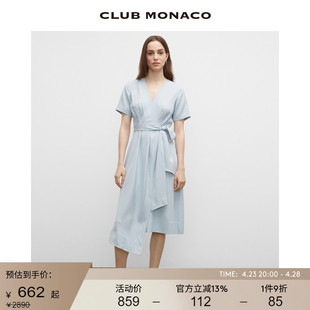 CLUB MONACO女装V领短袖蝴蝶结收腰不规则裙摆法式中长款连衣裙