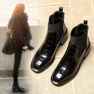 欧洲站chic鳄鱼皮靴，子女短靴2023秋冬切尔西靴粗跟马丁靴女鞋