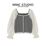 MMC 小众设计感方领拼色撞色雪纺袖拼接针织毛衣外套上衣2024