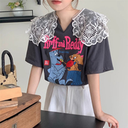 韩国东大门字母印花短袖T恤女夏季设计感小众蕾丝娃娃领上衣