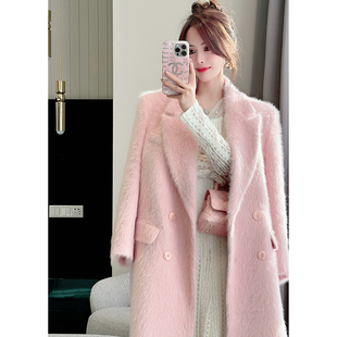 董小姐(董小姐)高端定制简约气质粉色兔毛大衣外套，女秋冬高级感小个子毛呢
