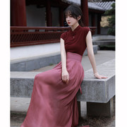 新中式女装国风套装仙气禅意，香云纱茶服复古红色，长款连衣裙两件套