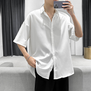 夏季薄款冰丝短袖衬衫男纯色，百搭休闲潮牌垂感青少年韩版潮流衬衣