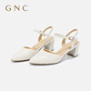 gnc一字带包头凉鞋女粗跟2024夏羊皮(夏羊皮)白色，法式配裙子鞋子单鞋