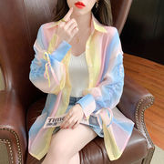 彩虹雪纺衬衫女夏季设计感小众抽绳长袖衬衣，外搭宽松薄款防晒开衫