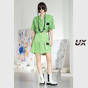 ux经典春夏季女装黄绿色(黄绿色)不规则贴标短裙，小众设计感时尚气质ins