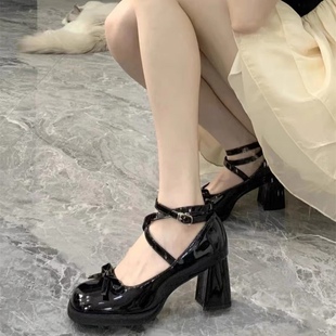 法式复古玛丽珍单鞋女2024小皮鞋秋季小众设计黑色粗跟绑带高跟鞋