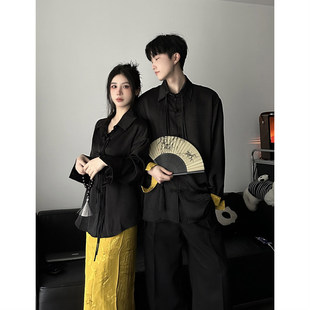 新中式情侣装春秋季小众，设计感女国风长袖衬衫，两件套法式一衣一裙