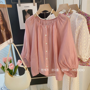 棉麻小衫粉色泡泡袖苎麻上衣女，七分袖夏季天丝，亚麻衬衫法式防晒衣