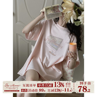 JMwomen 粉色印花短袖T恤女夏季美式复古半袖体恤小个子宽松上衣