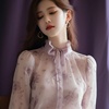 41浅紫色蕾丝泡泡袖，雪纺衬衫女法式漂亮独特别致小衫超仙2024
