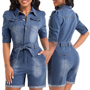 All-in-one denim romper shorts 时尚女装百搭牛仔连体短裤+腰带