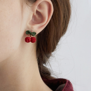 红色樱桃耳环女耳钉，2022年潮网红耳饰水果小众，设计耳夹无耳洞