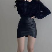 2024春季黑色小皮裙，女紧身显瘦高腰性感，不规则小个子pu短裙包臀裙