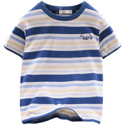 男童纯棉短袖T恤2023夏季儿童海军风圆领条纹体恤中大童半袖t上衣