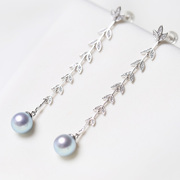 高档时尚气质925纯银日本akoya真多麻海水珍珠，长款树叶耳环灵秀气