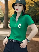纯棉t恤女夏季韩版立领休闲短袖半拉链时尚字母印花宽松上衣
