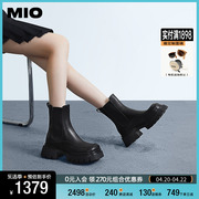 mio米奥2023冬季圆头拼色高跟，切尔西靴后拉链，英伦风显瘦短靴女靴